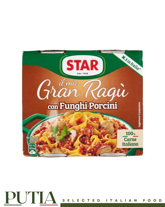 Star Gran Ragù con Funghi Porcini – Italian slow-cooked beef and pork ragù with porcini and champignon mushrooms, gluten-free, twin pack 2×180g tins

