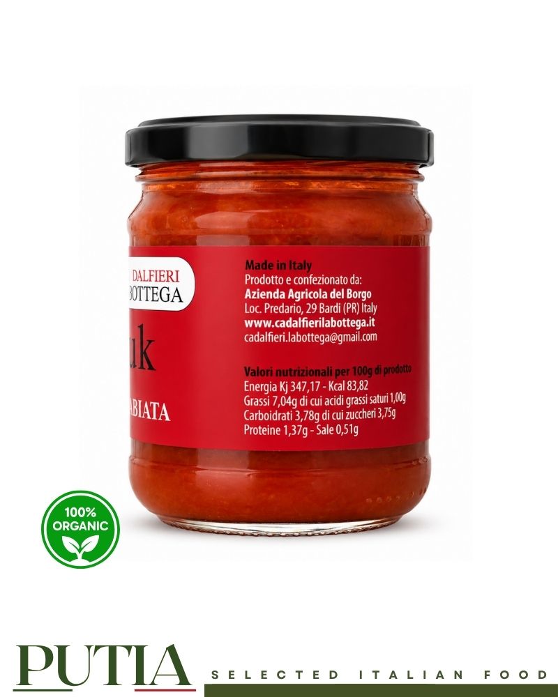 Side label of Ca' D'Alfieri La Bottega Arrabbiata 180g showing nutritional values, producer information and Made in Bardi Italy details