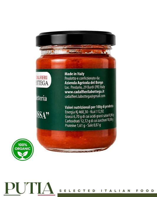 Back label of Ca' D'Alfieri La Bruschetteria "La Rossa" 140g showing nutritional values and producer information, made in Bardi, Italy