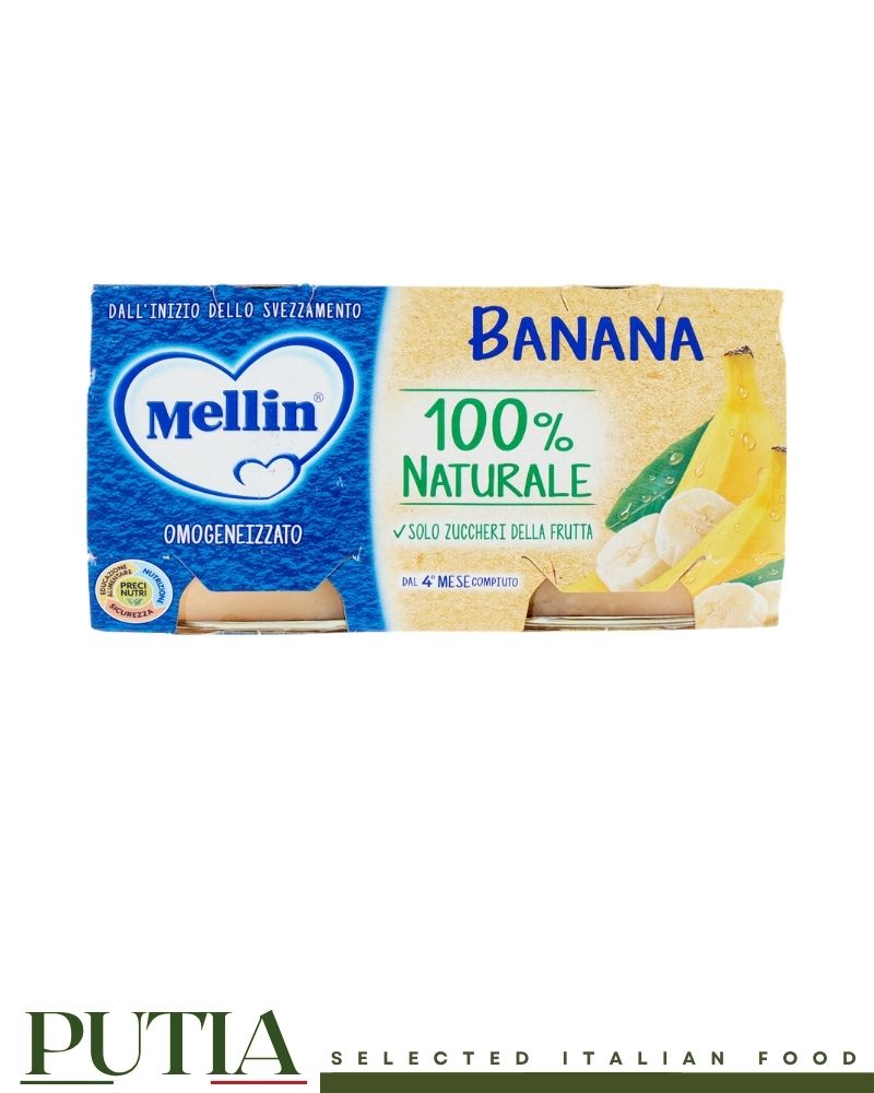 Mellin Banana Homogenised Baby Food 100g x2 – Smooth Italian baby purée with ripe banana, gently processed for infants from 4 months