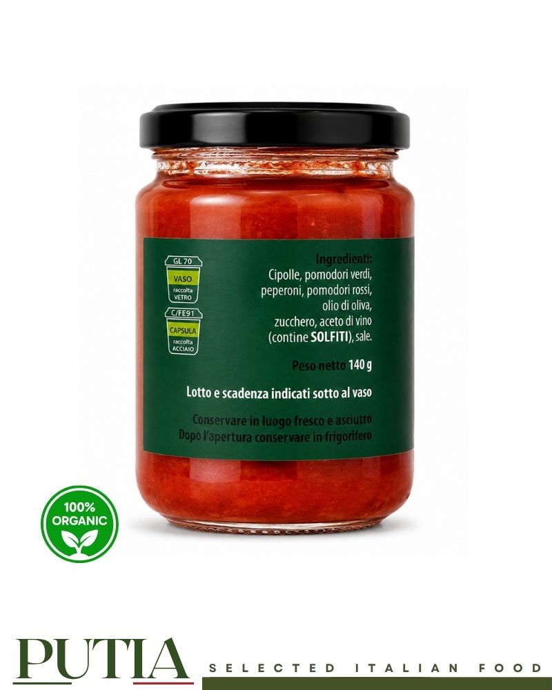 Back label of Ca' D'Alfieri La Bruschetteria "La Rossa" 140g showing ingredients, storage instructions and recycling information, made in Bardi, Italy