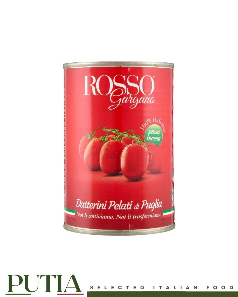 Rosso Gargano Datterini Pelati – Italian peeled cherry tomatoes from Puglia in tomato juice, Kosher certified, BPA-free tin, 400g


