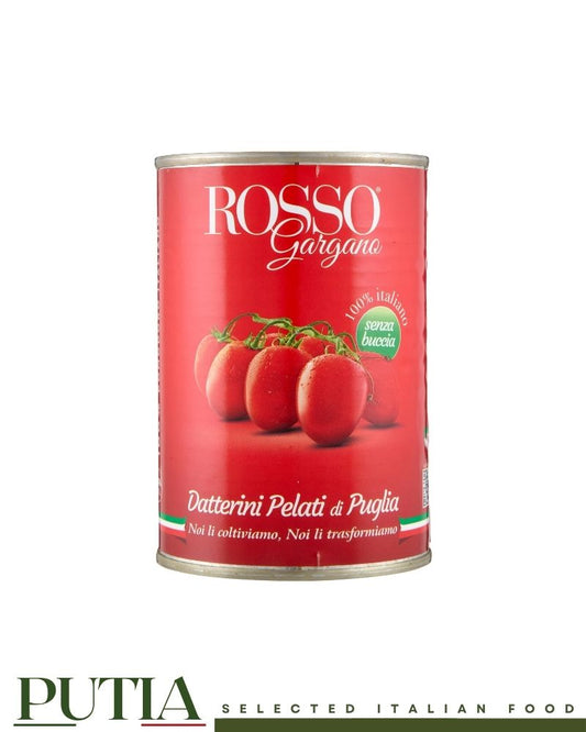 Rosso Gargano Datterini Pelati – Italian peeled cherry tomatoes from Puglia in tomato juice, Kosher certified, BPA-free tin, 400g


