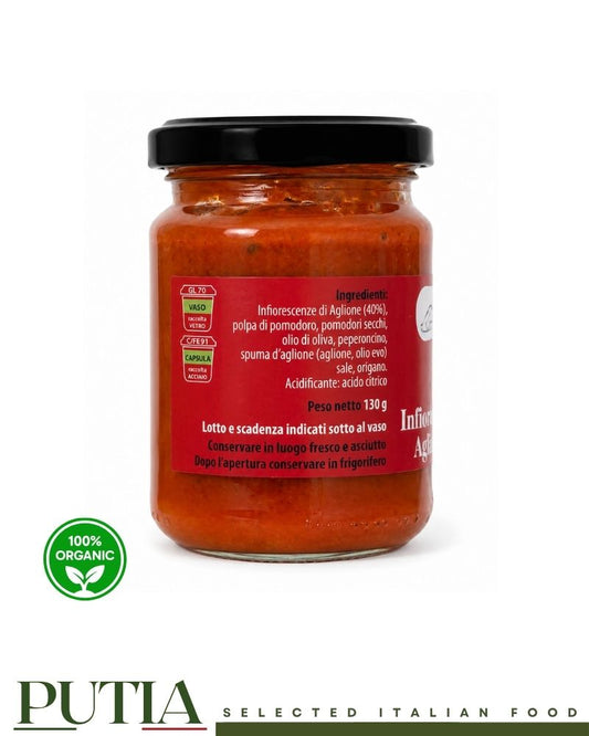 Back label of Ca' d'Alfieri La Bottega Infiorescenze in Bruschetta Aglione della Val Ceno showing ingredients and storage information