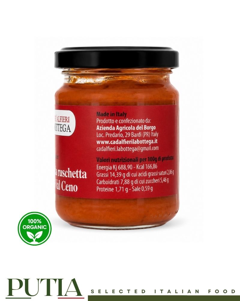 Side label of Ca' d'Alfieri La Bottega Infiorescenze in Bruschetta Aglione della Val Ceno showing nutritional values and producer information