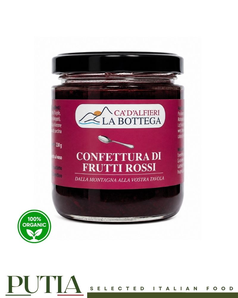 Ca' D'Alfieri La Bottega Confettura di Frutti Rossi 230g – artisan Italian mixed berry jam in a glass jar, front view.