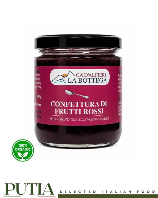 Ca' D'Alfieri La Bottega Confettura di Frutti Rossi 230g – artisan Italian mixed berry jam in a glass jar, front view.