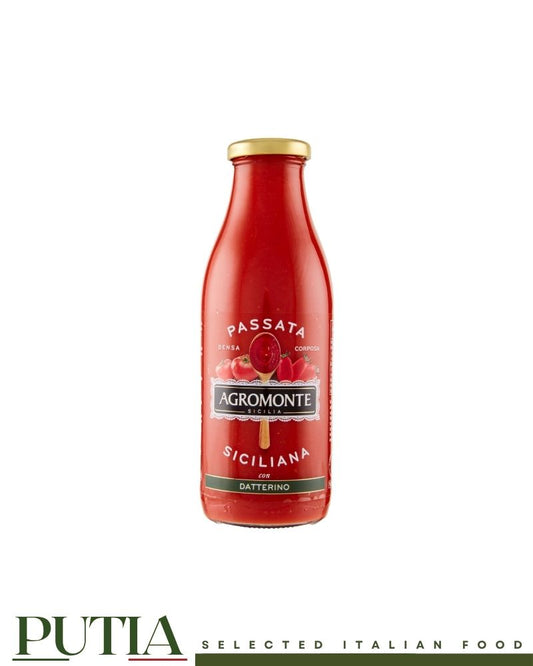 Agromonte Sicilian Datterini Passata – thick Italian tomato passata with sweet datterini, vegan and Kosher certified, no preservatives, 520ml


