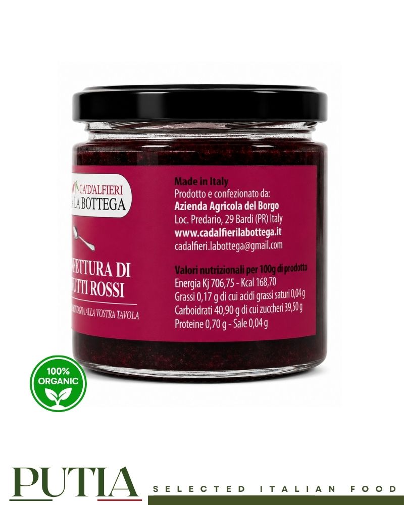 Side label of Ca' D'Alfieri La Bottega Confettura di Frutti Rossi 230g displaying nutritional values, producer details and Made in Italy information.