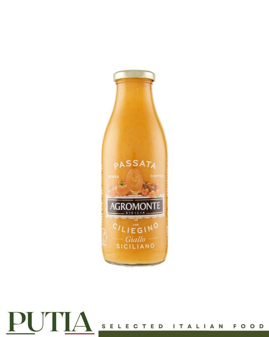 Agromonte Sicilian Yellow Cherry Tomato Passata – golden Italian passata with yellow datterini, vegan and Kosher certified, no preservatives, 520ml

