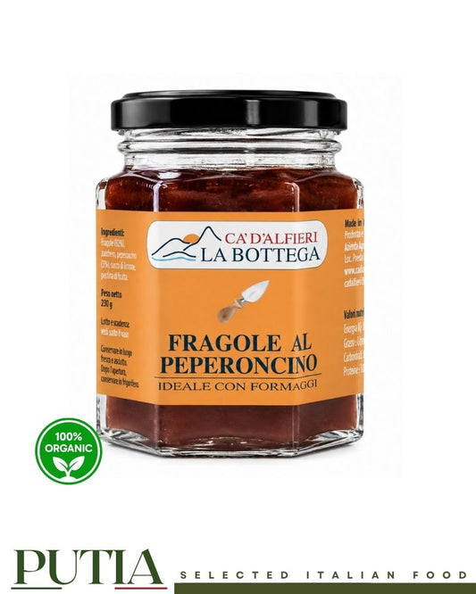 Ca' d'Alfieri La Bottega Fragole al Peperoncino artisan Italian strawberry and chilli preserve 100g front view