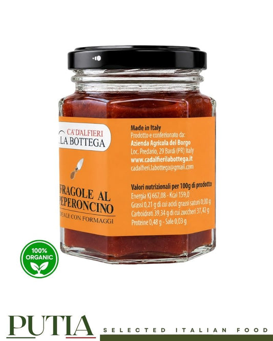 Side label of Ca' d'Alfieri La Bottega Fragole al Peperoncino preserve showing nutritional values, producer details and Made in Italy  baldi information