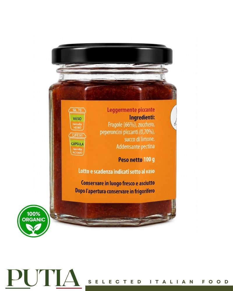 Back label of Ca' d'Alfieri La Bottega Fragole al Peperoncino preserve showing ingredients, storage instructions and recycling information