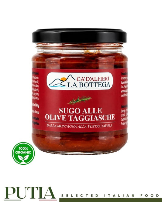 Front view of Baldi Ca' D'Alfieri La Bottega Sugo alle Olive Taggiasche, authentic Italian tomato sauce with Taggiasca olives in a 180g glass jar.