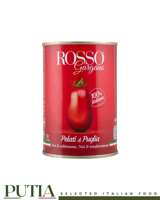 Rosso Gargano Pelati – Italian whole peeled Puglia tomatoes in juice, Halal and Kosher certified, Vera Pizza Napoletana approved, BPA-free tin, 400g

