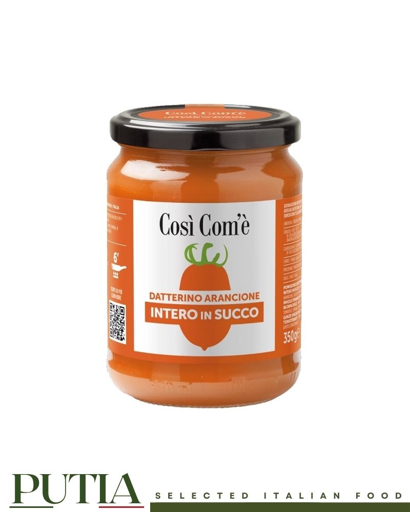 Così Com'è Datterino Arancione – whole Italian orange datterini tomatoes in juice from Piana del Sele, naturally sweet, Kosher certified, vegan, 350g glass jar

