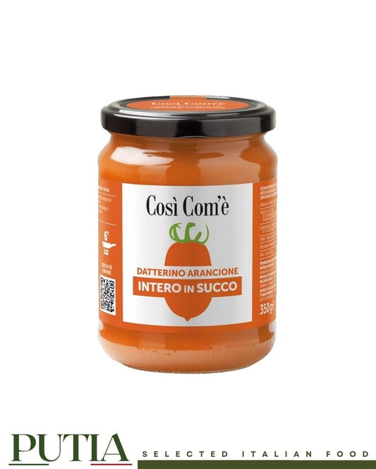 Così Com'è Datterino Arancione – whole Italian orange datterini tomatoes in juice from Piana del Sele, naturally sweet, Kosher certified, vegan, 350g glass jar

