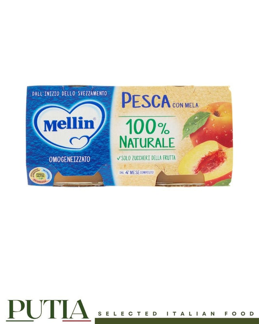 Mellin Peach & Apple Homogenised Baby Food 100g x2 – Smooth Italian baby purée with peach and apple, gently processed for infants from 4 months