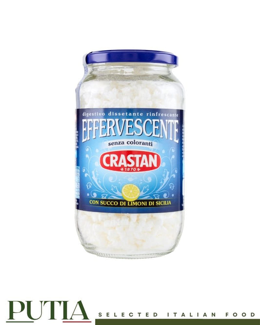 Crastan Effervescente Digestivo al Limone di Sicilia 250g – classic Italian granular effervescent digestive drink with Sicilian lemon juice, gluten-free

