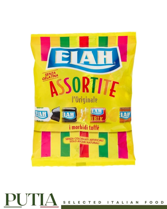 Elah Assorted Toffees 150g — soft Italian mou and toffee sweets in a resealable hanging bag, made with natural flavourings, gluten-free