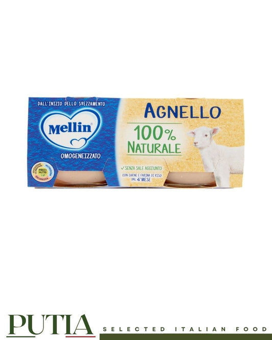 Mellin Lamb Homogenised Baby Food 80g x2 – Smooth Italian baby purée with tender lamb, gently processed for infants from 6 months
