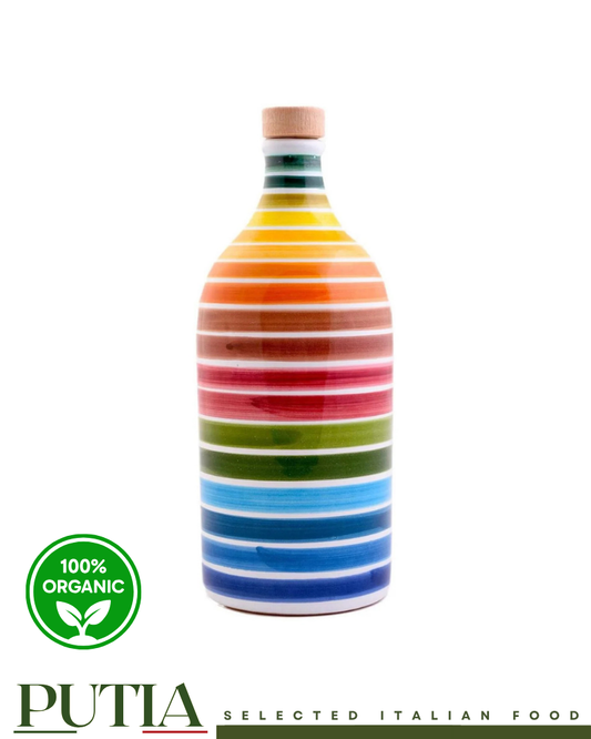 Frantoio Muraglia Rainbow Collection 500ml ceramic bottle with intense fruity Coratina Extra Virgin Olive Oil from Puglia, Italy