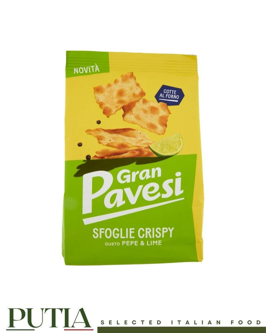 Gran Pavesi Sfogle Lime & Pepper 150g – super crispy oven-baked Italian sfoglie with bold lime and pepper flavour