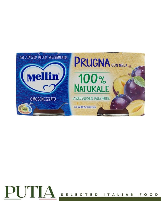 Mellin Plum Homogenised Baby Food 100g x2 – Smooth Italian baby purée with ripe plums, gently processed for infants from 4 months