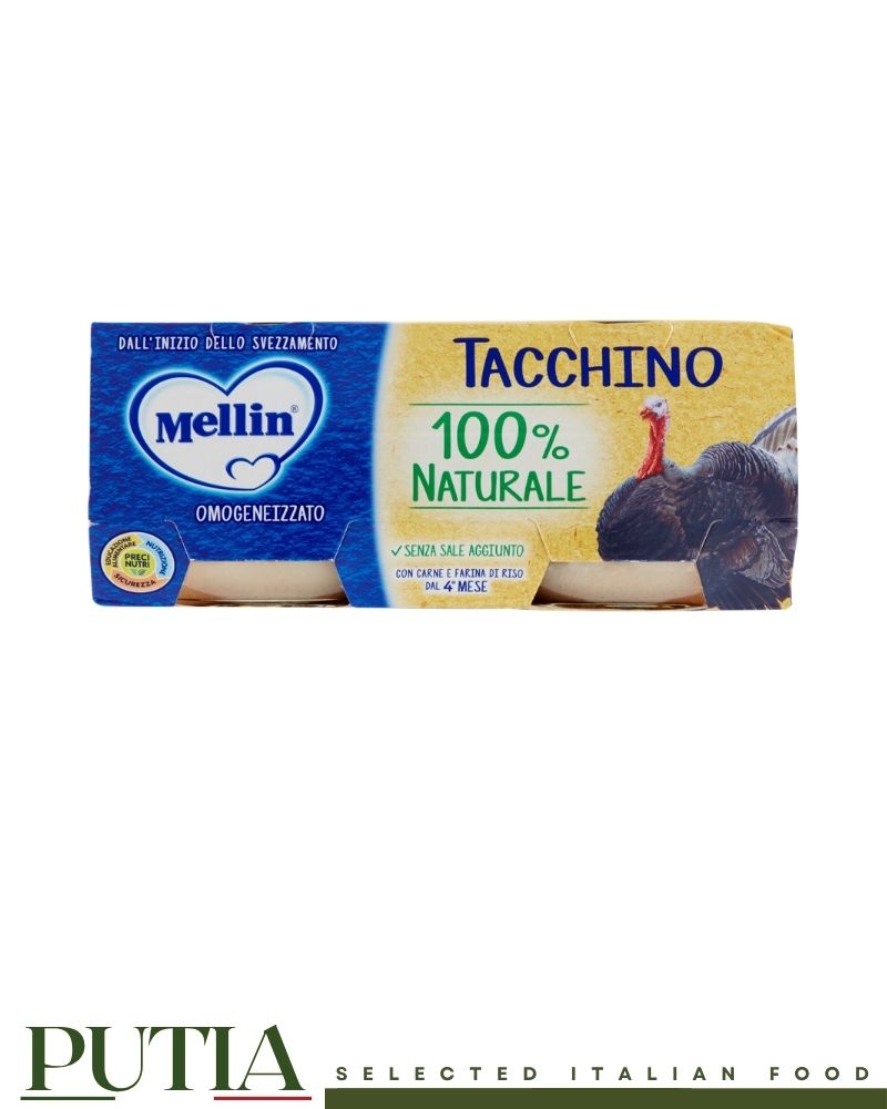 Mellin Turkey Homogenised Baby Food 80g x2 – Smooth Italian baby purée with tender turkey, gently processed for infants from 6 months