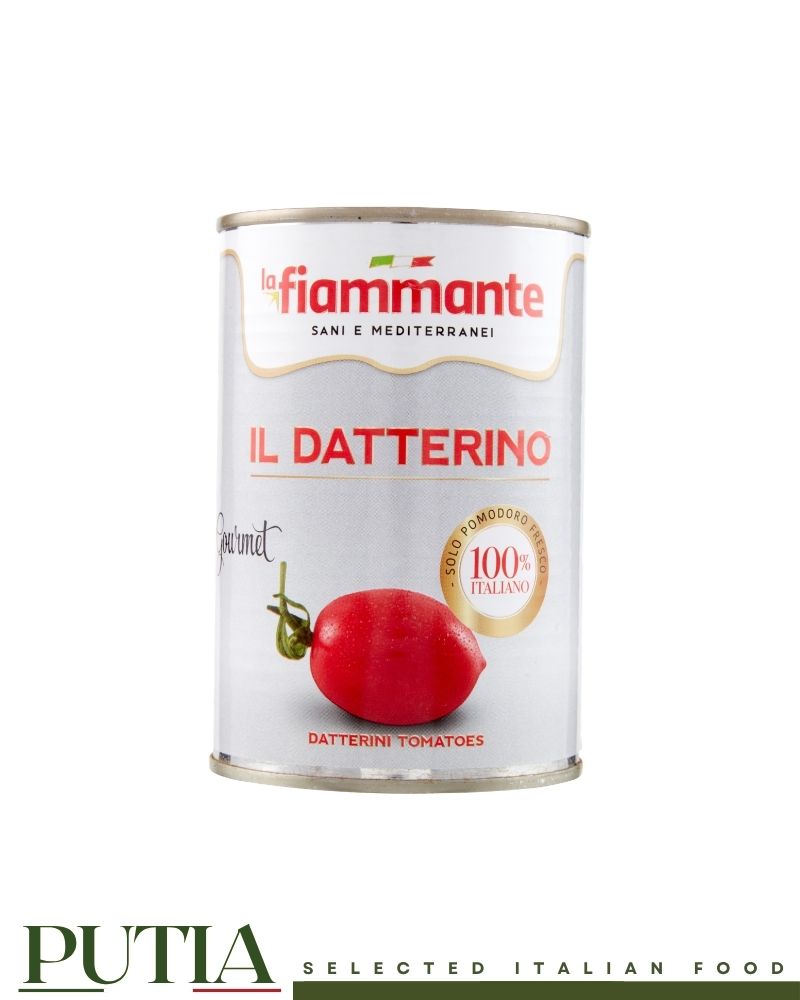 Fiammante Pomodorini Datterini 400g – whole Italian datterini cherry tomatoes in tomato juice, no preservatives, BPA-free tin, Gourmet line


