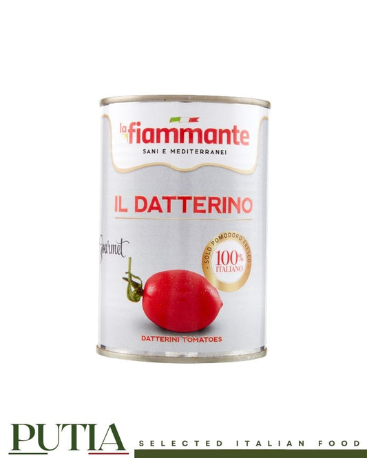 Fiammante Pomodorini Datterini 400g – whole Italian datterini cherry tomatoes in tomato juice, no preservatives, BPA-free tin, Gourmet line

