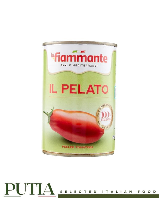 Fiammante Pomodori Pelati 400g – whole peeled Italian tomatoes, short supply chain, BPA-free tin, Kosher certified, ISO 22005, no concentrates


