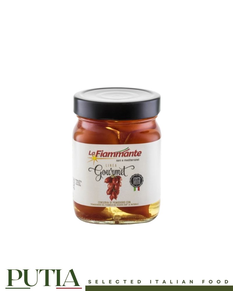 Fiammante Pomodorini del Piennolo del Vesuvio DOP 340g – rare volcanic cherry tomatoes, DOP certified, GMO-free, whole unpeeled, Gourmet line

