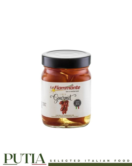 Fiammante Pomodorini del Piennolo del Vesuvio DOP 340g – rare volcanic cherry tomatoes, DOP certified, GMO-free, whole unpeeled, Gourmet line


