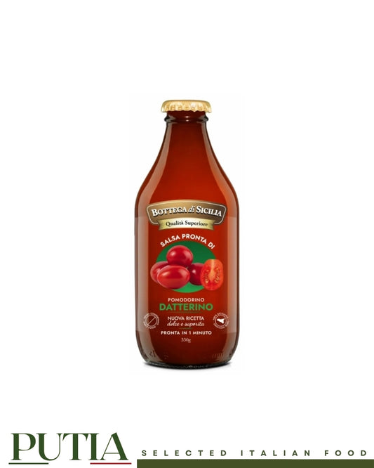 Bottega di Sicilia Salsa Datterino 330g — ready-to-use Sicilian tomato sauce with 97% Datterino tomatoes, Italian extra virgin olive oil and fresh basil