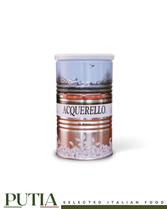 Premium Acquerello Carnaroli Rice 500g tin, aged Italian risotto rice for gourmet chefs.