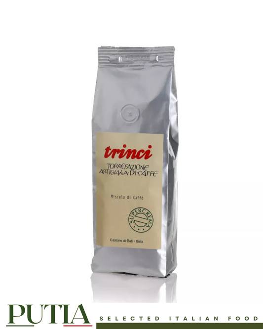 Trinci Super Crema Blend 1kg whole coffee beans in premium silver packaging, artisan roasted in Tuscany, Italy.